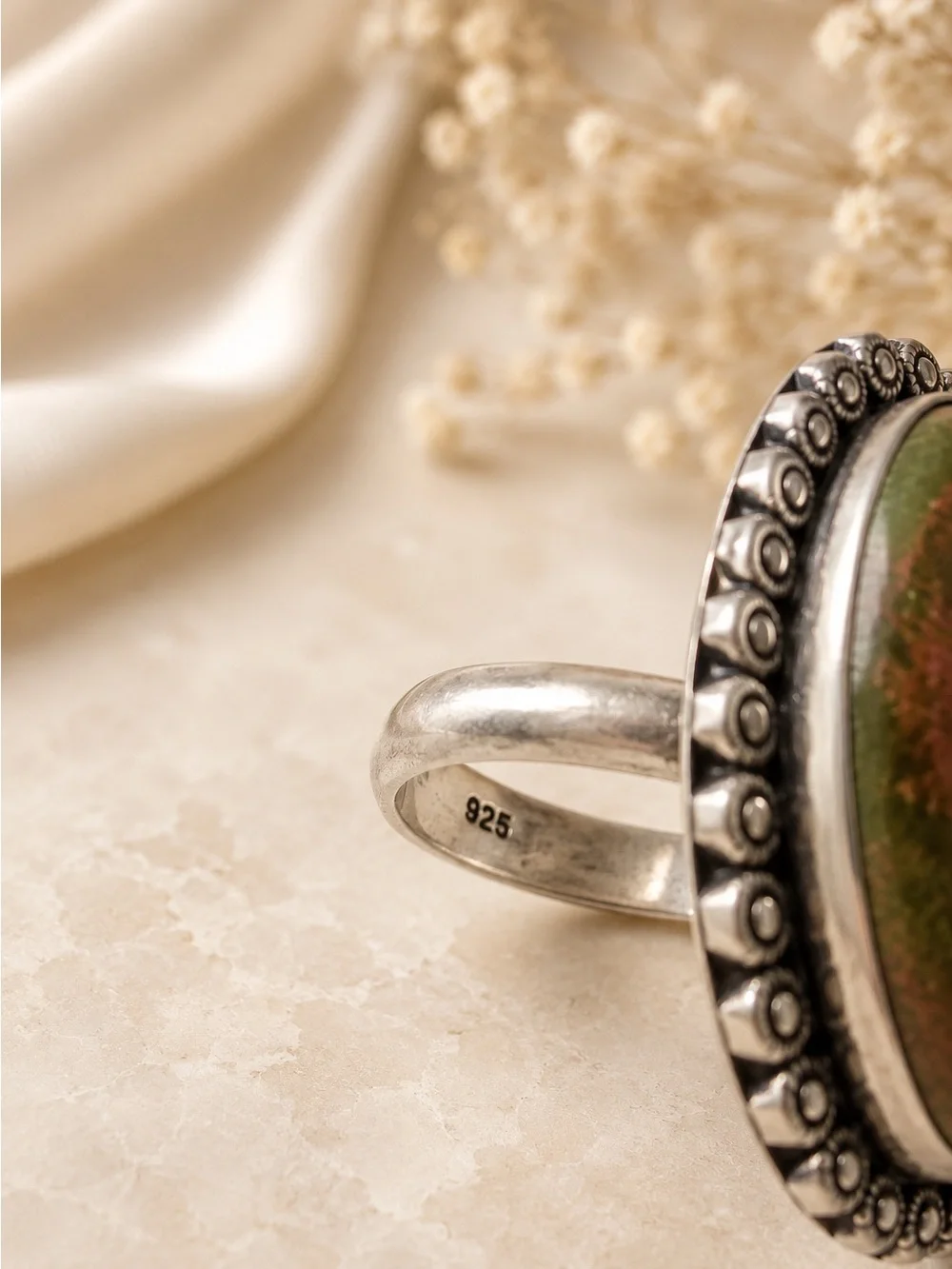 925 Sterling Silver Large Oval Green Natural Stone Cabochon Statement Ring